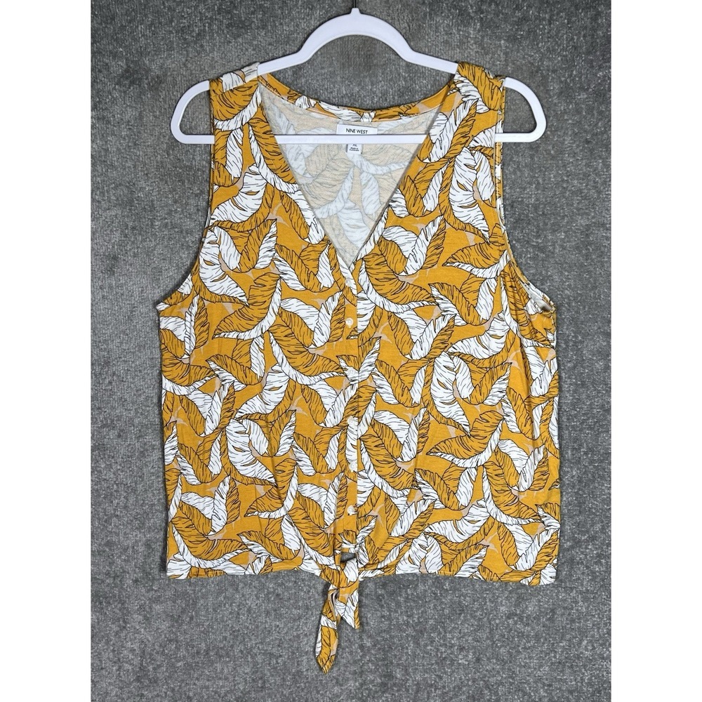 Nine West Sleeveless Button Up Tie Hem Top Women Size‎ XL Yellow White Stretch